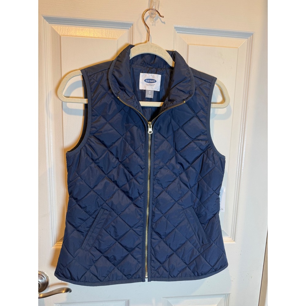 Old Navy Womens Navy Blue Quilted Puffer Vest Gold Zip Size XS NEW